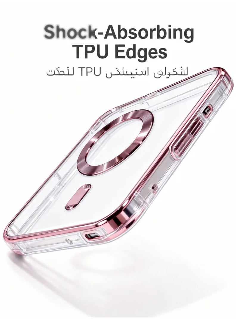 robotgcc Magnetic Phone Case for iPhone 17 Pro Max with Transparent Pink Electroplated Frame, Clear Shockproof Soft TPU Cover, Built-In Camera Lens Protection, Strong Magnetic Ring Compatible with Magnetic Charging, Anti-Drop Protective Case with Full Edge Coverage and Elegant Pink Finish - Image 4